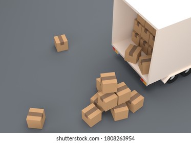 Truck with cardboard boxes from top view. Delivery of cargo 3d render illustration. Move relocation real estate transfer. International delivery service.