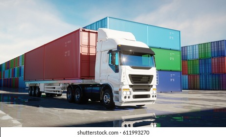 Truck in container depot, wharehouse, seaport. Cargo containers. Logistic and business concept. 3d rendering
