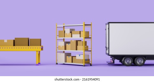 Truck And Conveyor With Cardboard Boxes, Shelf With Parcels, Purple Background. Concept Of Delivery And Warehouse. Mockup Copy Space. 3D Rendering