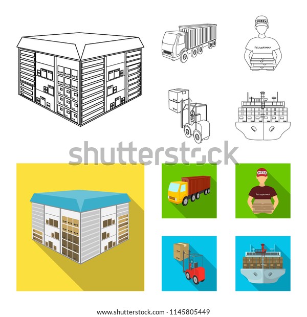 Truck, courier for\
delivery of pizza, forklift, storage room. Logistics and delivery\
set collection icons in outline,flat style isometric bitmap symbol\
stock illustration\
web.