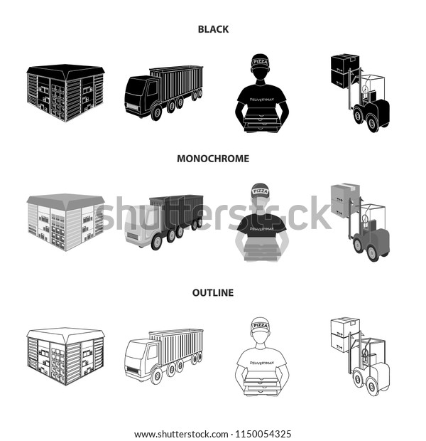 Truck,\
courier for delivery of pizza, forklift, storage room. Logistics\
and delivery set collection icons in black,monochrome,outline style\
isometric bitmap symbol stock illustration\
web.