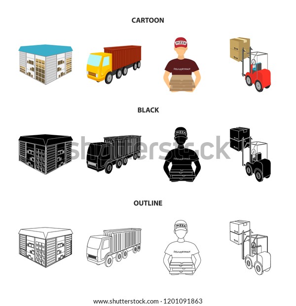 Truck,\
courier for delivery of pizza, forklift, storage room. Logistics\
and delivery set collection icons in cartoon,black,outline style\
isometric bitmap symbol stock illustration\
web.