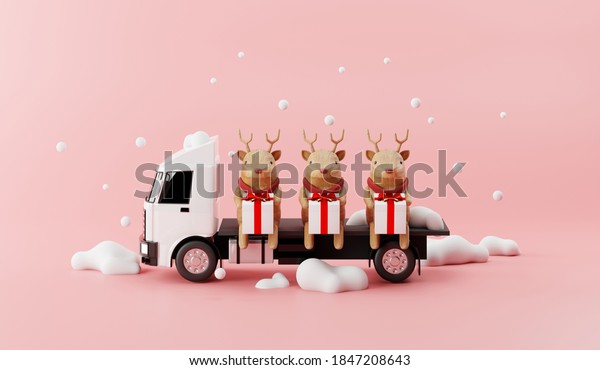 Truck delivery service with reindeer and Happy\
Gift Box 3d render\
concept.\
