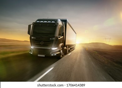 Truck driving on a country road at sunset (3D Rendering)