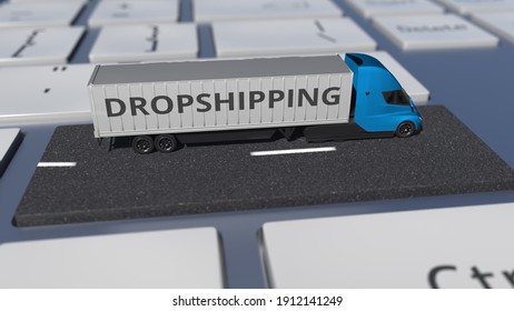 Truck with dropshipping text on the computer keyboard, conceptual looping  animation 3D rendering
