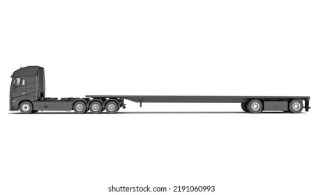 Truck With Flatbed Trailer 3D Rendering On White Background