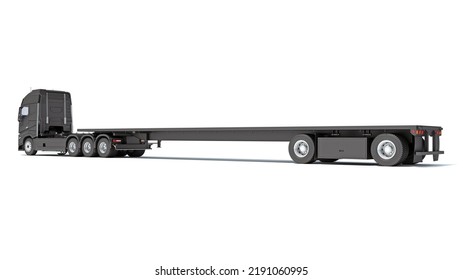 Truck With Flatbed Trailer 3D Rendering On White Background