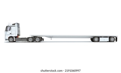 Truck With Flatbed Trailer 3D Rendering On White Background