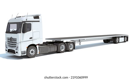 Truck With Flatbed Trailer 3D Rendering On White Background