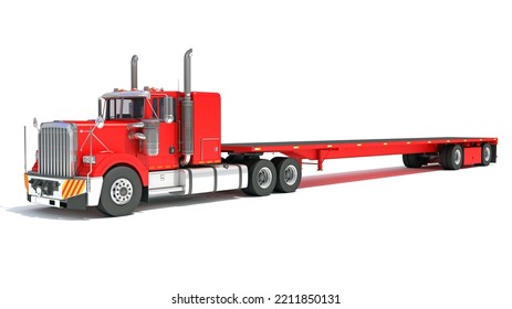 Truck With Flatbed Trailer 3D Rendering On White Background