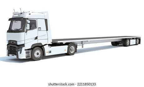 Truck With Flatbed Trailer 3D Rendering On White Background