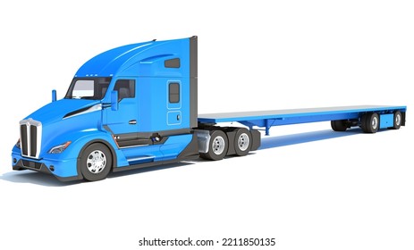 Truck With Flatbed Trailer 3D Rendering On White Background