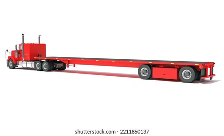 Truck With Flatbed Trailer 3D Rendering On White Background