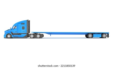 Truck With Flatbed Trailer 3D Rendering On White Background