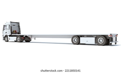 Truck With Flatbed Trailer 3D Rendering On White Background