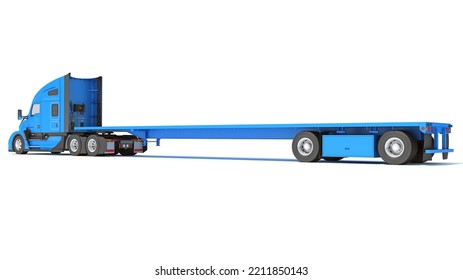 Truck With Flatbed Trailer 3D Rendering On White Background