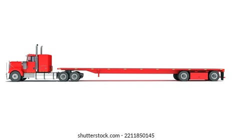 Truck With Flatbed Trailer 3D Rendering On White Background