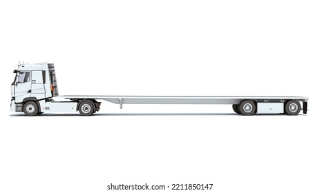 Truck With Flatbed Trailer 3D Rendering On White Background