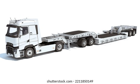 Truck With Flatbed Trailer 3D Rendering On White Background