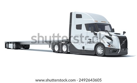 Truck with flatbed trailer 3D rendering on white background