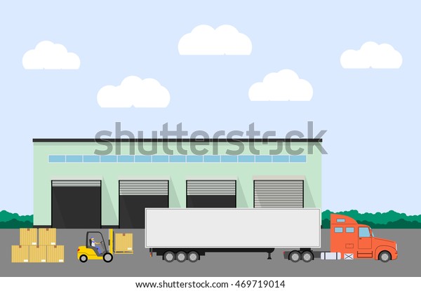 Truck and forklift loader near factory. Cargo\
loading. Industry product loading into truck. Logistics concept.\
Raster version.