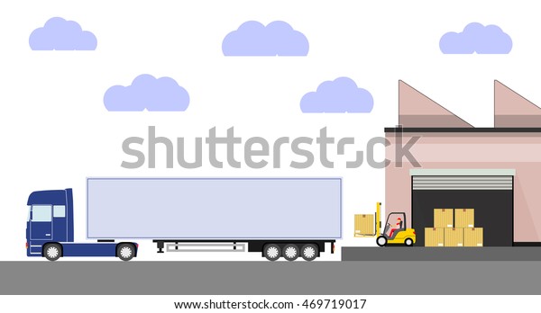 Truck and forklift loader near factory. Cargo\
loading. Industry product loading into truck. Logistics concept.\
Raster version.