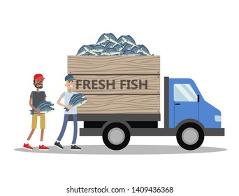 Truck With Fresh Fish Delivery. People Carry Fish To The Vehicle. Seafood Business. Isolated  Flat Illustration