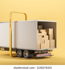 Truck full of cardboard boxes and smartphone. Parcel and wholesale shipment. Concept of delivery and mobile app. Mockup copy space. 3D rendering