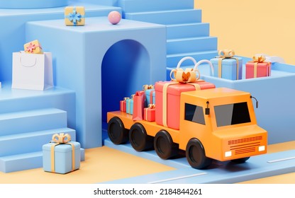 Truck Full Of The Presents Roll Out Of The Tunnel, Logistics And Transportation Concept, 3d Rendering. Computer Digital Drawing.