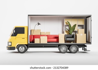 Truck and house furniture   cardboard boxes  side view  Shipping company   delivery service  Concept relocation  3D rendering