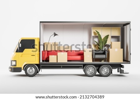 Truck with house furniture and cardboard boxes, side view. Shipping company and delivery service. Concept of relocation. 3D rendering Сток-фото © 