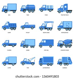 Truck icons collection in flat style. Trucking industry symbols set isolated on white. Different types of cargo transportation vehicles.