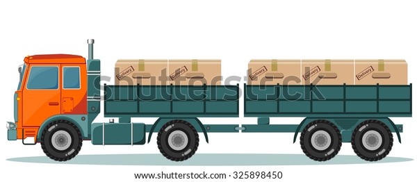 Truck With Large Wheels And\
Cargo Boxes on Trailer, The Load In The Form Of Boxes, Stock\
Illustration