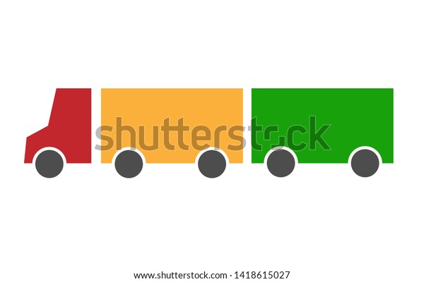 Truck lorry with a red cab and a yellow body with\
a green trailer. Looks like a traffic light. Vector icon flat\
simple style.