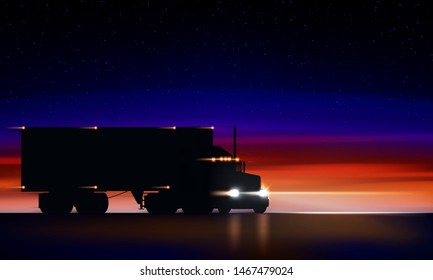 Truck moves on highway in the night. Classic big rig semi truck with headlights and dry van in the dark on the night road on colorful starry sky background, illustration