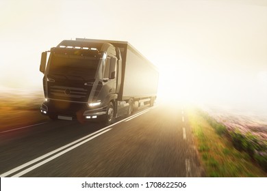 Truck On Foggy Country Road (3D Rendering)