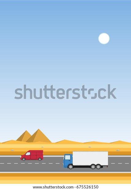 Truck on the road. Desert with pyramids\
landscape. Two heavy trailer trucks. Logistic and delivery concept.\
Raster version.