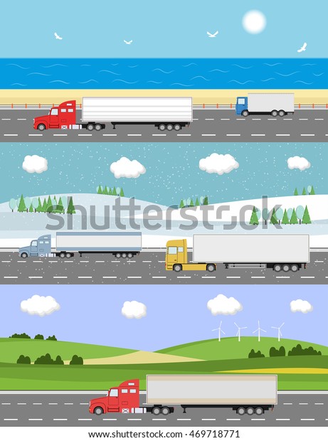 Truck on the road.\
Heavy truck on landscape background. Logistic and delivery concept.\
Raster version.