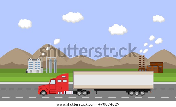 Truck on the road. Industrial and mountains\
landscape. Heavy trailer truck. Logistic and delivery concept.\
Raster version.