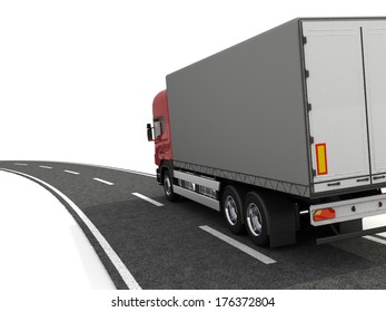 Truck on the road on white background. Back view