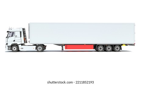 Truck With Reefer Refrigerator Trailer 3D Rendering On White Background