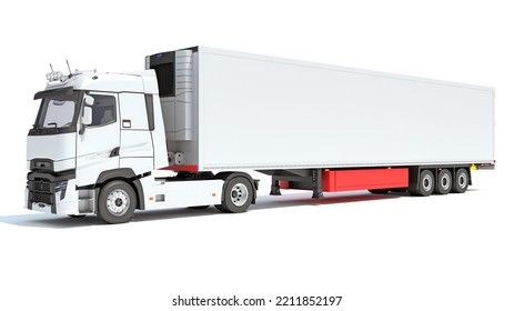 Truck With Reefer Refrigerator Trailer 3D Rendering On White Background