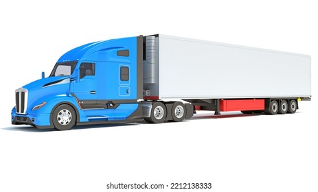 Truck With Reefer Refrigerator Trailer 3D Rendering On White Background