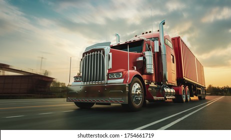 Der Lastwagen fährt mit Geschwindigkeit auf der Autobahn. 3D-Darstellung und Illustration.