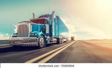 Der Lastwagen fährt mit Geschwindigkeit auf der Autobahn. 3D-Darstellung und Illustration.