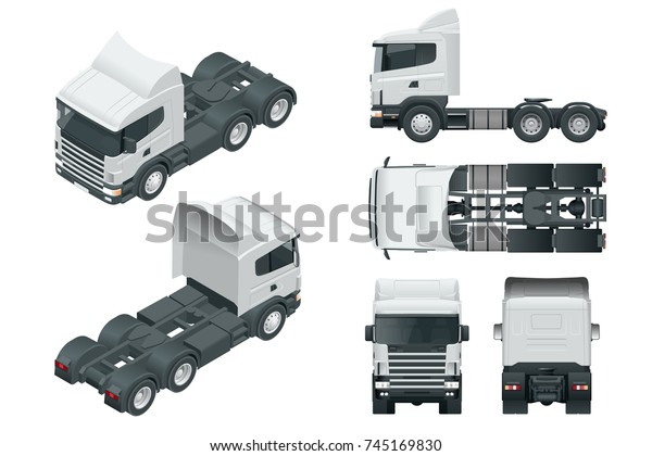トラックトラクターまたはセミトレーラートラック 正面 背面 側面 上面 アイソメトリック図 正面 背面 を表示します 白い背景に荷物配送用車両テンプレート のイラスト素材