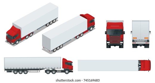 Truck trailer with container. Car for the carriage of goods. Cargo delivering vehicle template  isolated on white View front, rear, side, top and isometry front, back