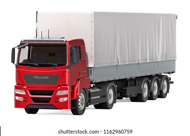 Truck Trailer With Curtainside From Tarp. 3D Rendering Isolated On White Background