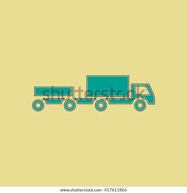 Truck with trailer. Grren simple flat
symbol with black stroke over yellow
background