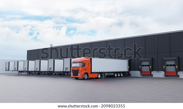 Truck and trailers in front of a warehouse\
loading dock, 3D\
rendering.